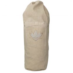 Borsa tappeto yoga beige scuro cotone grezzo con Fiore di Loto a ricamo e tracolla non regolabile