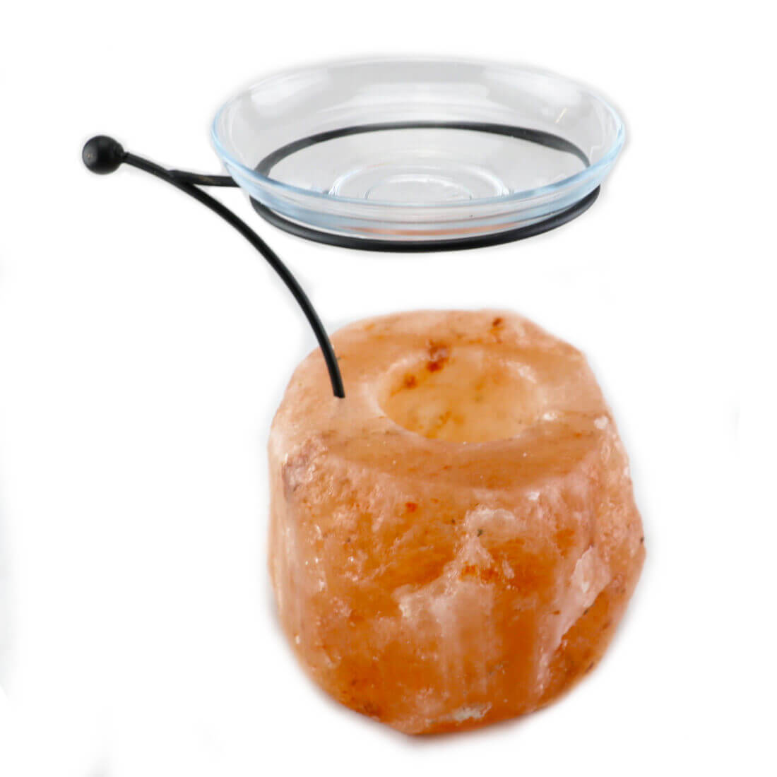 Brucia essenza di sale rosa himalayano con alzatina in metallo e piattino in vetro