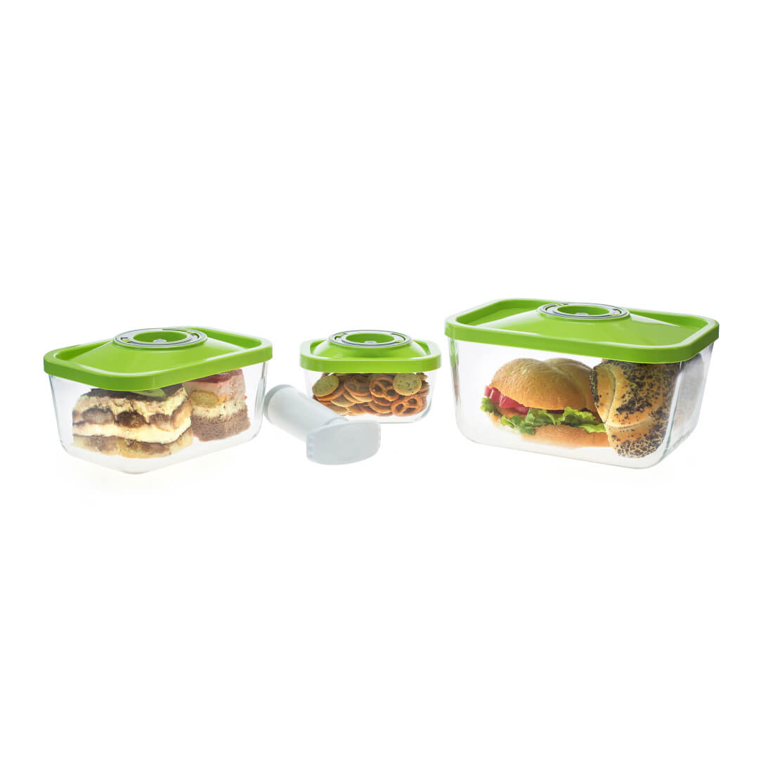 Set contenitori sottovuoto per cibo 0,5, 1,5 e 3 litri Status tappo verde con pompetta manuale