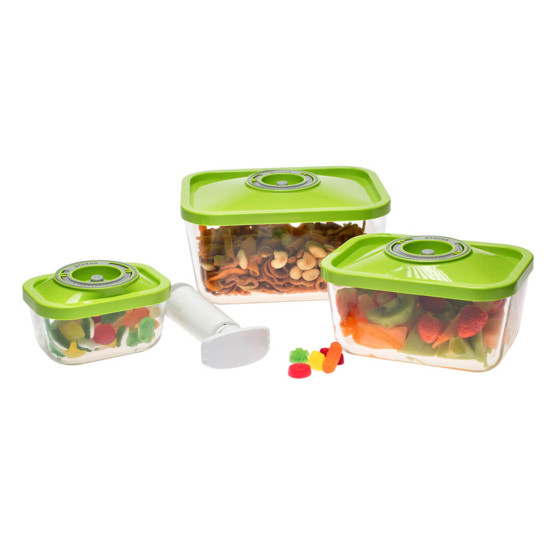 Set contenitori sottovuoto per cibo 0,5, 1,5 e 3 litri Status tappo verde con pompetta manuale