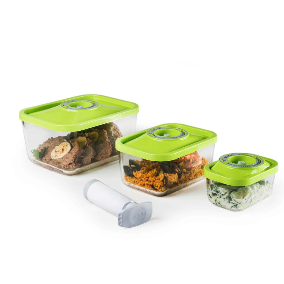 Set contenitori sottovuoto per cibo 0,5, 1,5 e 3 litri Status tappo verde con pompetta manuale