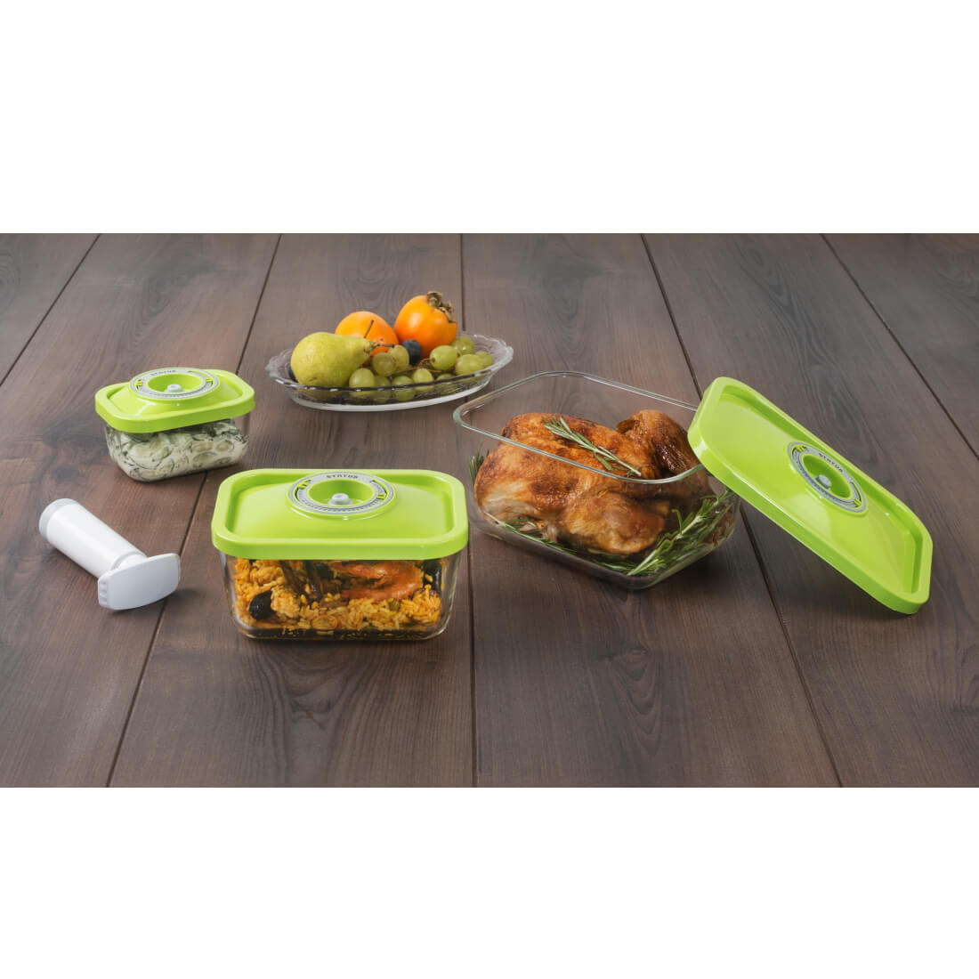 Set contenitori sottovuoto per cibo 0,5, 1,5 e 3 litri Status tappo verde con pompetta manuale