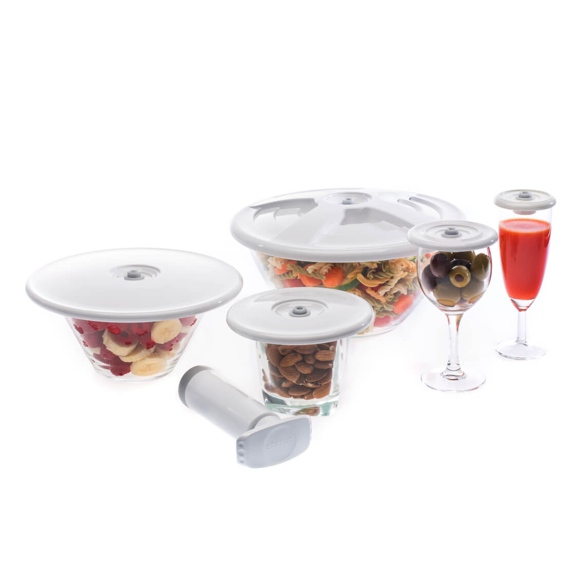 Set coperchi Status per sottovuoto 64mm, 82 mm, 130mm, 21 cm, 25,5 cm e pompetta