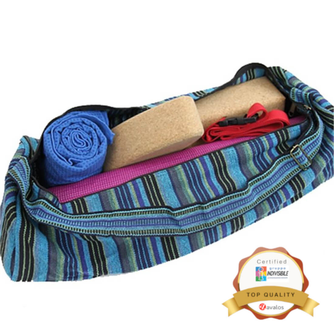 Yoga Borsa e portatappeto fondo blu in cotone multicolore con ZIP cm 67x24