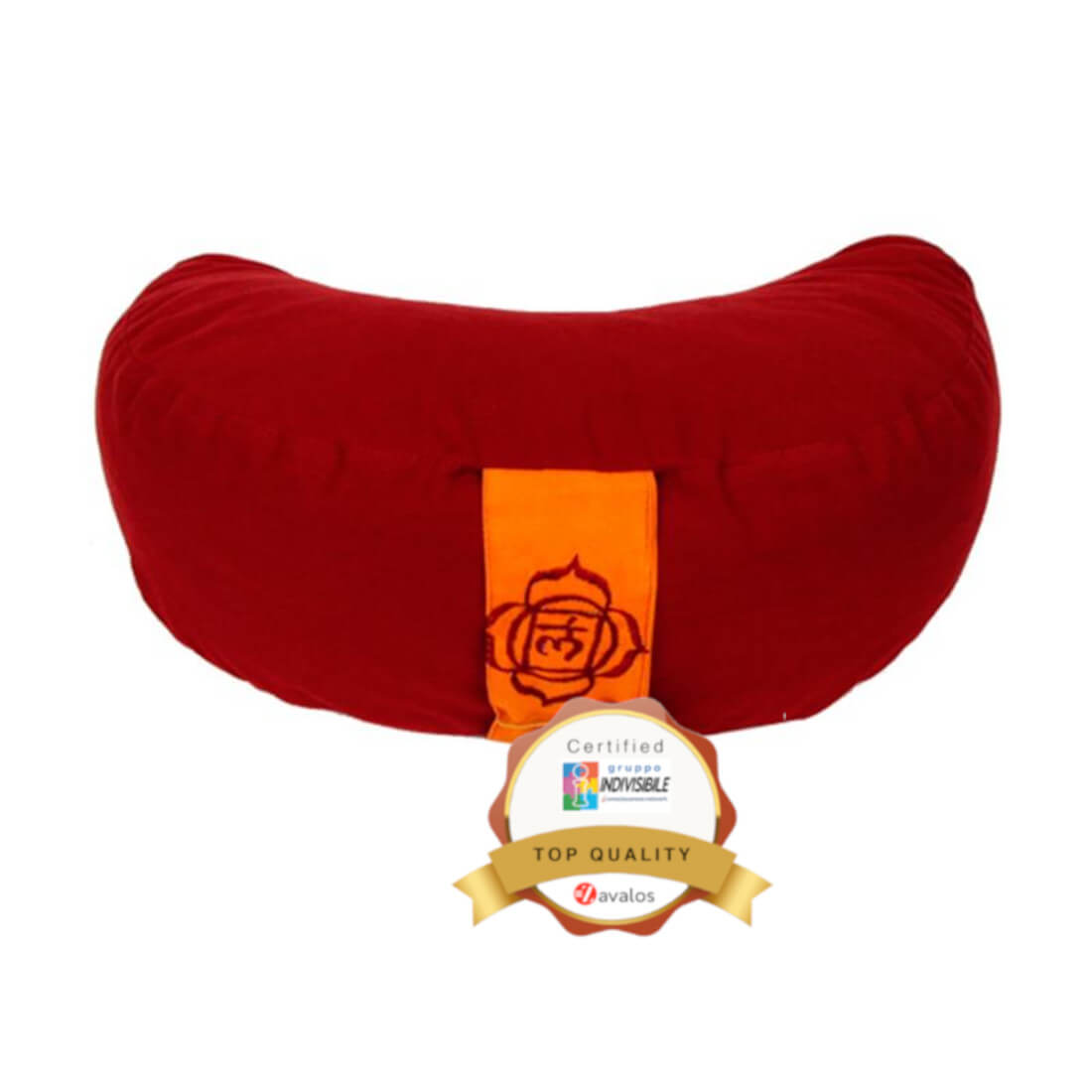 Yoga cuscino mezzaluna rosso 1° chakra cm 33x13 con chackra ricamato su maniglia laterale