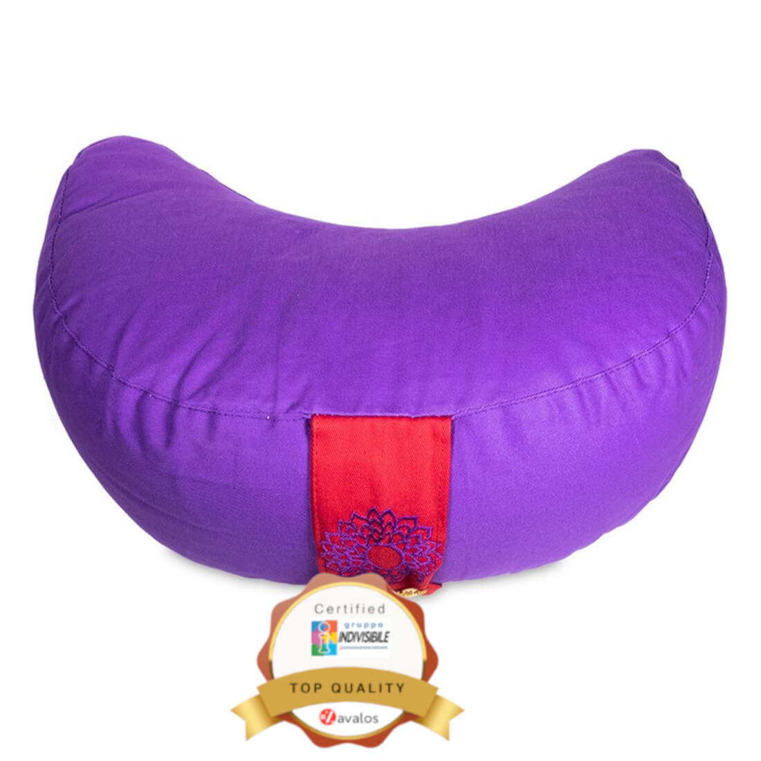 Yoga cuscino mezzaluna viola 7° chakra cm 33x13 con chackra ricamato su maniglia laterale